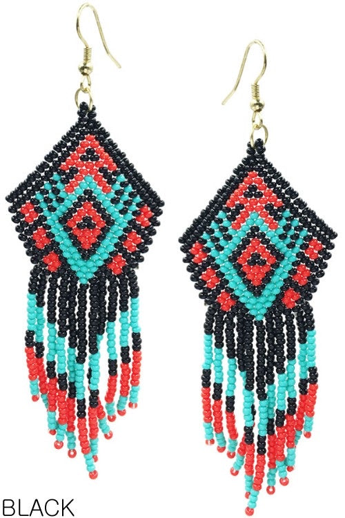 Western Seed Bead Fringe Earrings ~ Turquoise Navajo