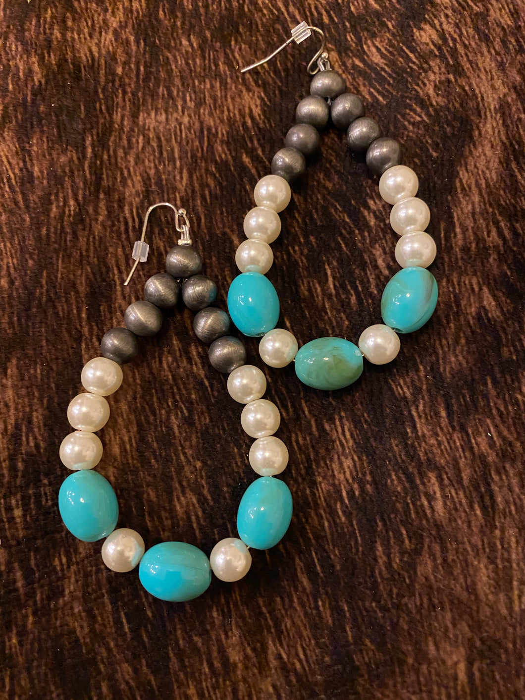 Turquoise/Pearl/Grey Bead Hoop Earrings